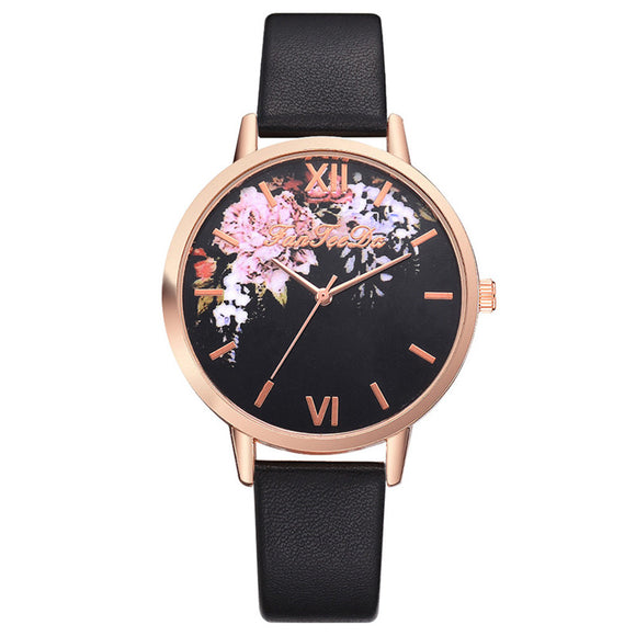 Fashion Leather Strap Flowers Quartz Watch