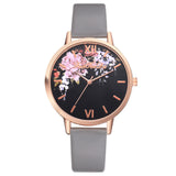 Fashion Leather Strap Flowers Quartz Watch