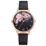 Fashion Leather Strap Flowers Quartz Watch