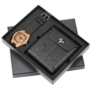 Black Leather Wallet & Nature Bamboo Wooden Watch