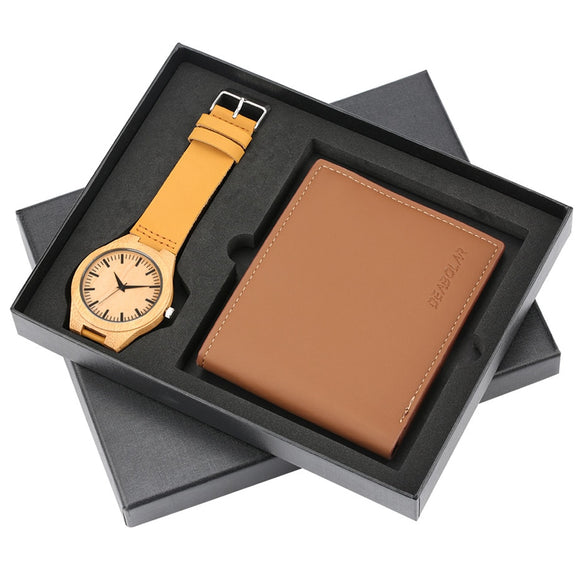 Brown Leather Wallet & Nature Bamboo Wooden Watch