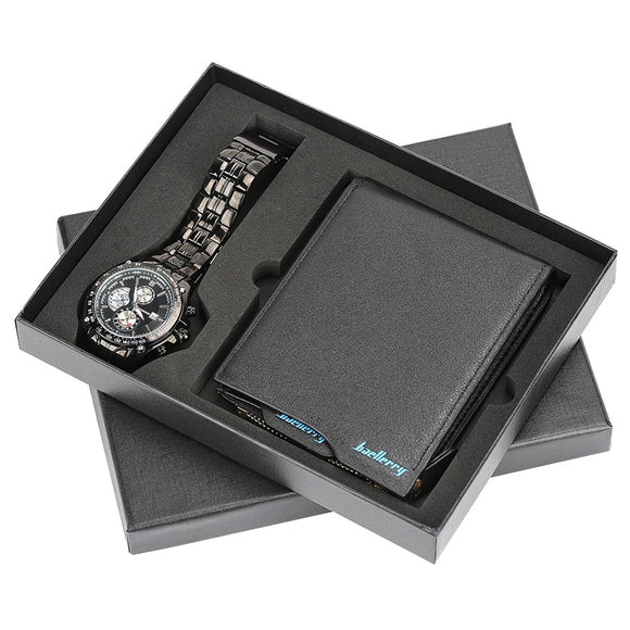 Black Chronograph Watch & Leather Wallet